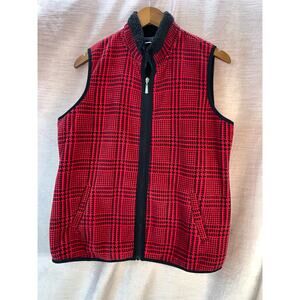 Karen Scott Plaid Herringbone Fleece Vest Womens Medium Red Black Zip Pockets